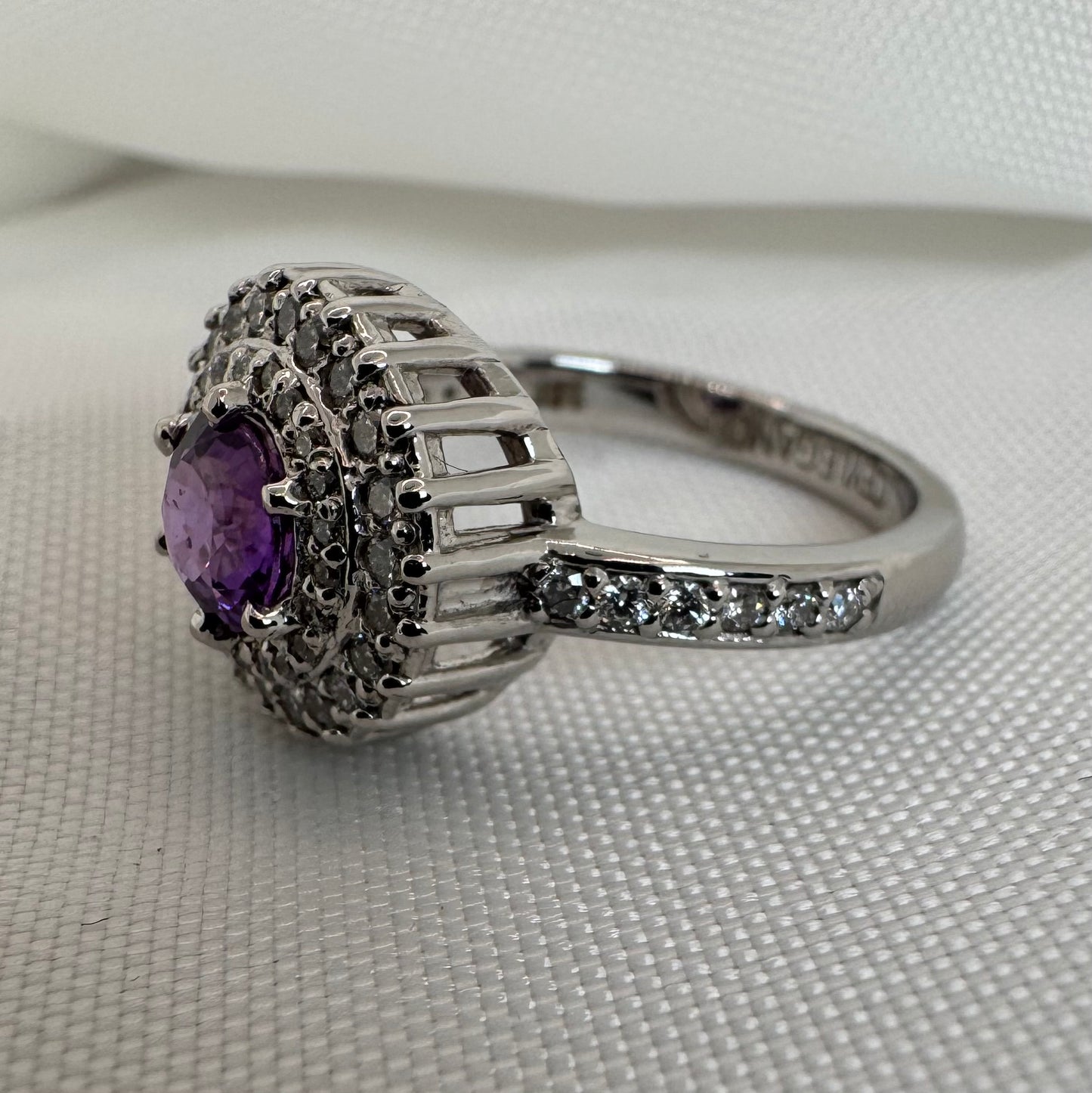 Natural Purple Sapphire & Diamond Halo Ring – White Gold