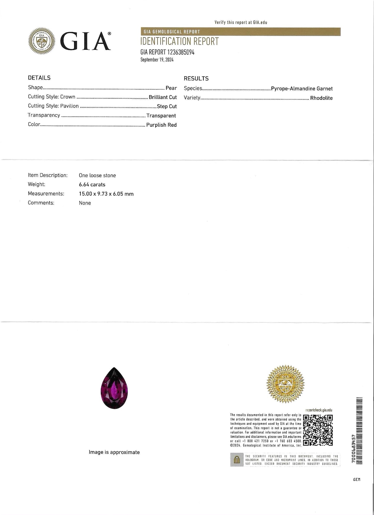 GIA Certified | Natural Pyrope-Almandine Garnet | Purplish Red | Pear | 6.64ct