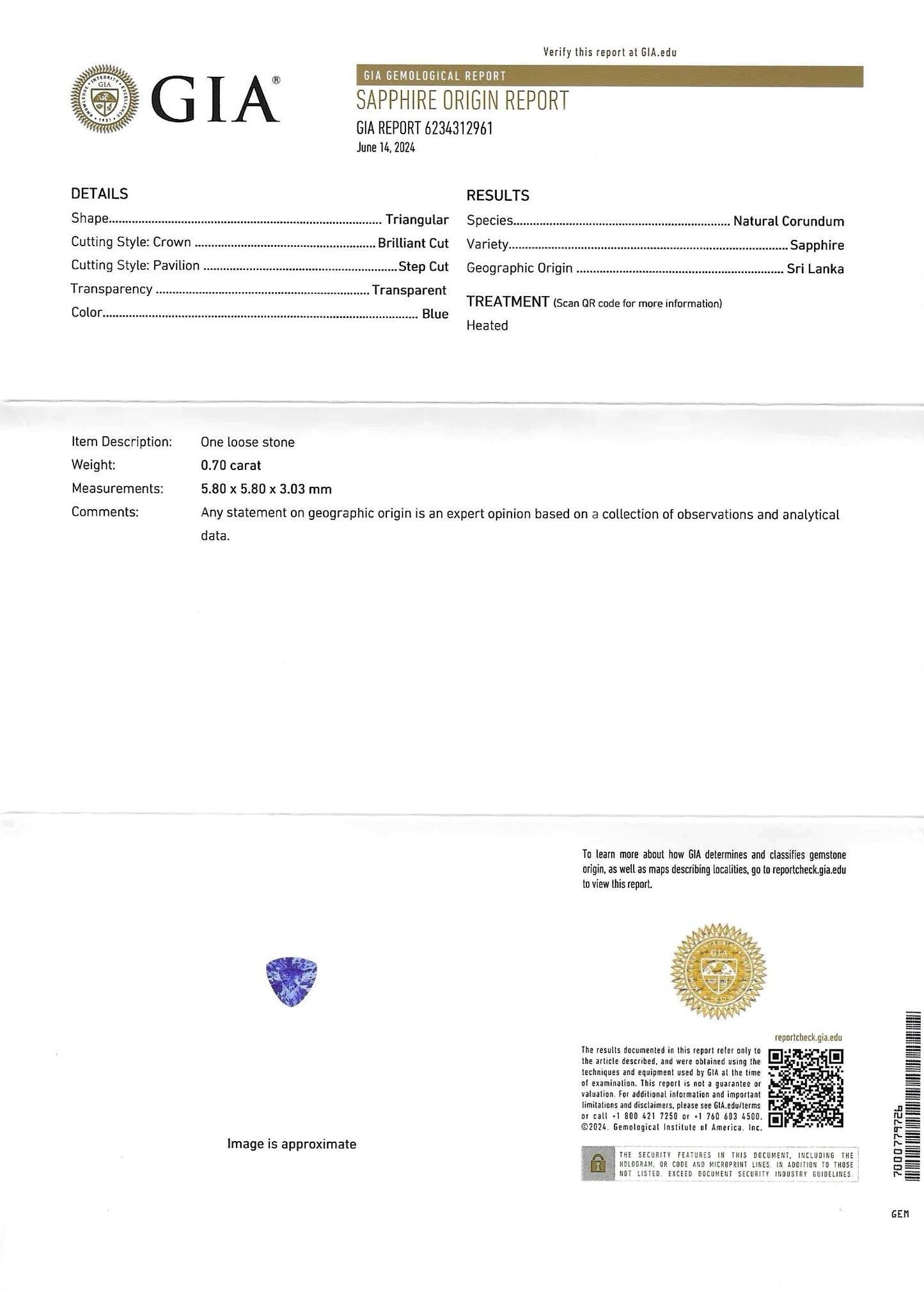 GIA Certified Natural Blue Sapphire 0.70ct Pear Cut