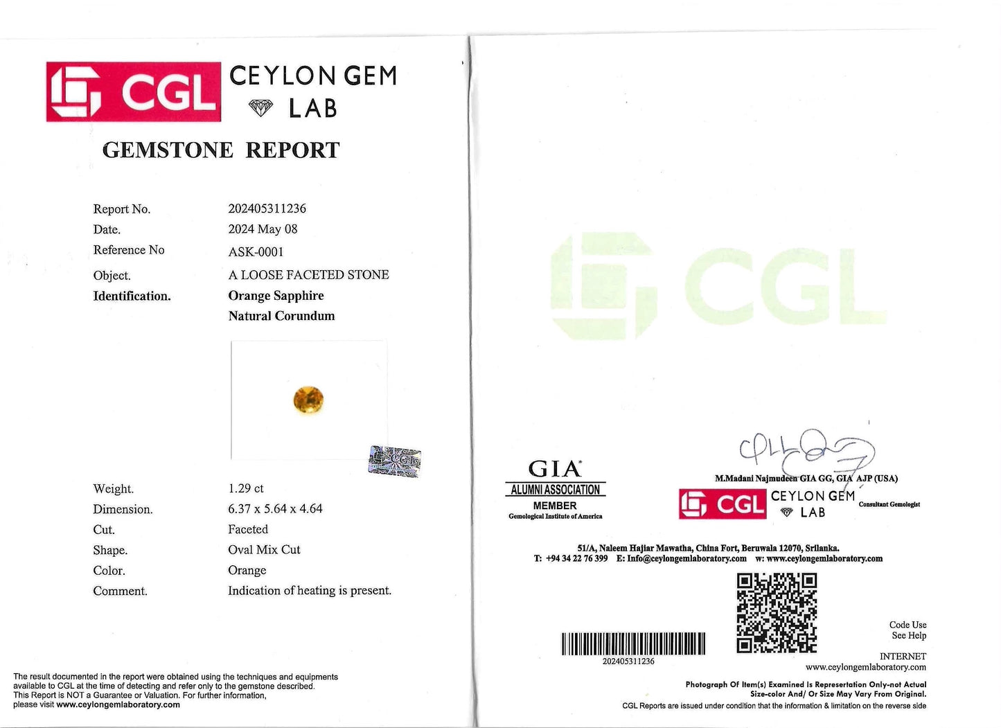 Natural Orange Sapphire - 1.29ct - Oval Mixed Cut