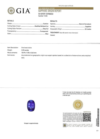 GIA Certified | Natural Blue Sapphire |Cornflower Blue | Cushion cut | 3.90ct
