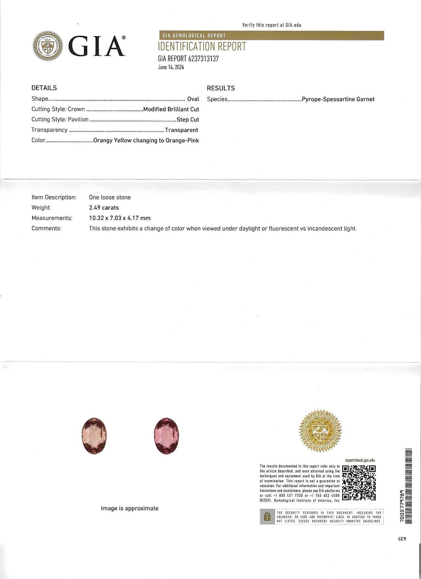 GIA Certified Natural Pyrope-Spessartine Color Change Garnet - 2.49ct - Oval Mixed Cut