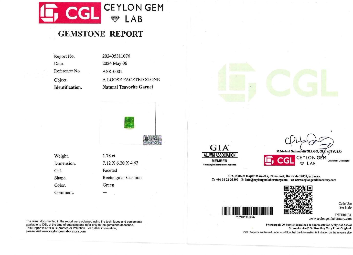 Tsavorite - 1.78ct - Rectangular Cushion