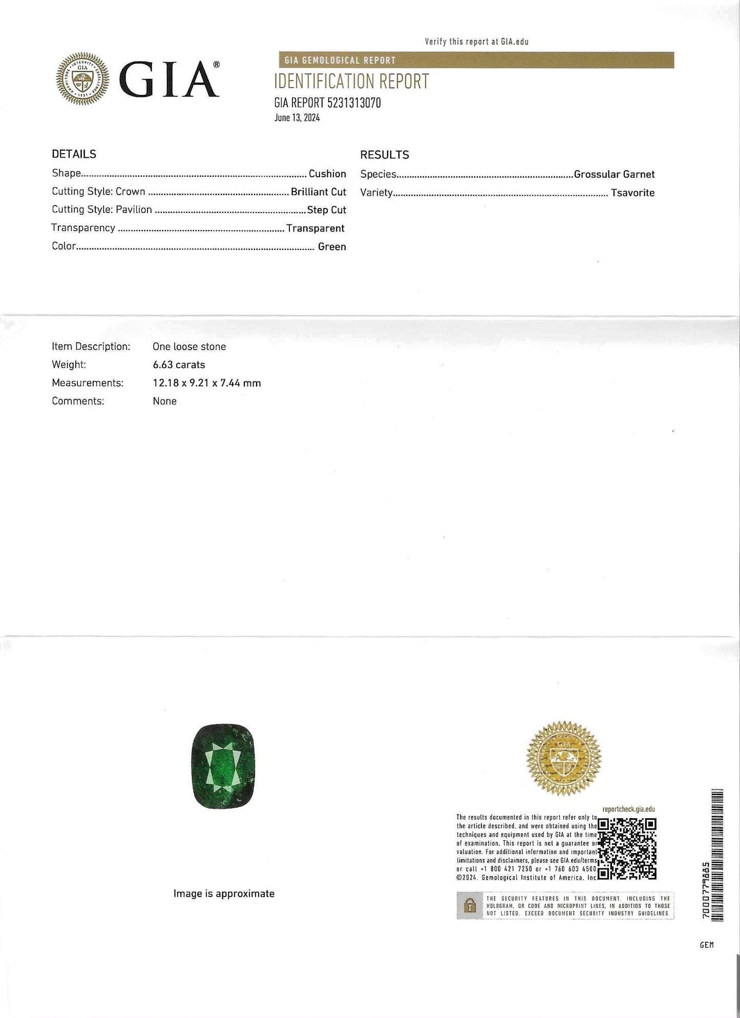 GIA certified Natural Tsavorite Garnet (Green) - 6.63ct - Rectangular Cushion