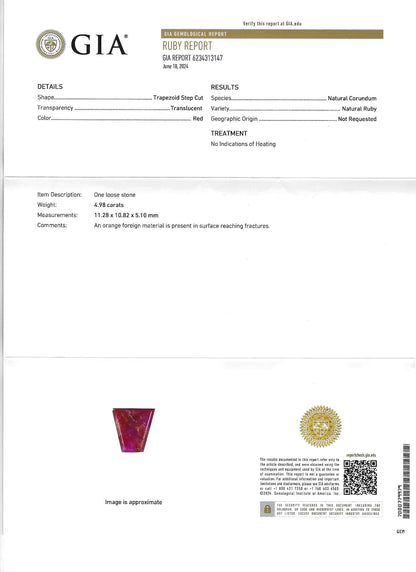 GIA Certified Natural Ruby - 4.97ct - Trapeze cut