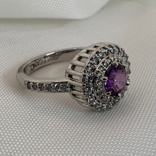 Natural Purple Sapphire & Diamond Halo Ring – White Gold