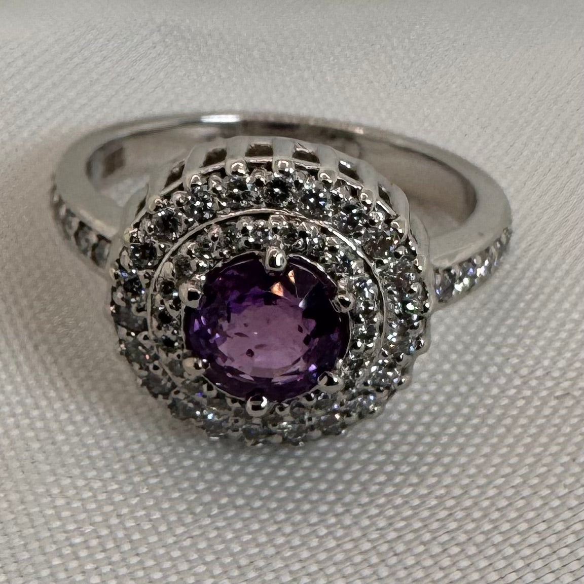 Natural Purple Sapphire & Diamond Halo Ring – White Gold