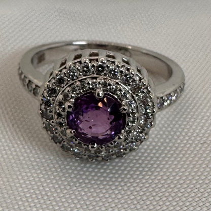 Natural Purple Sapphire & Diamond Halo Ring – White Gold