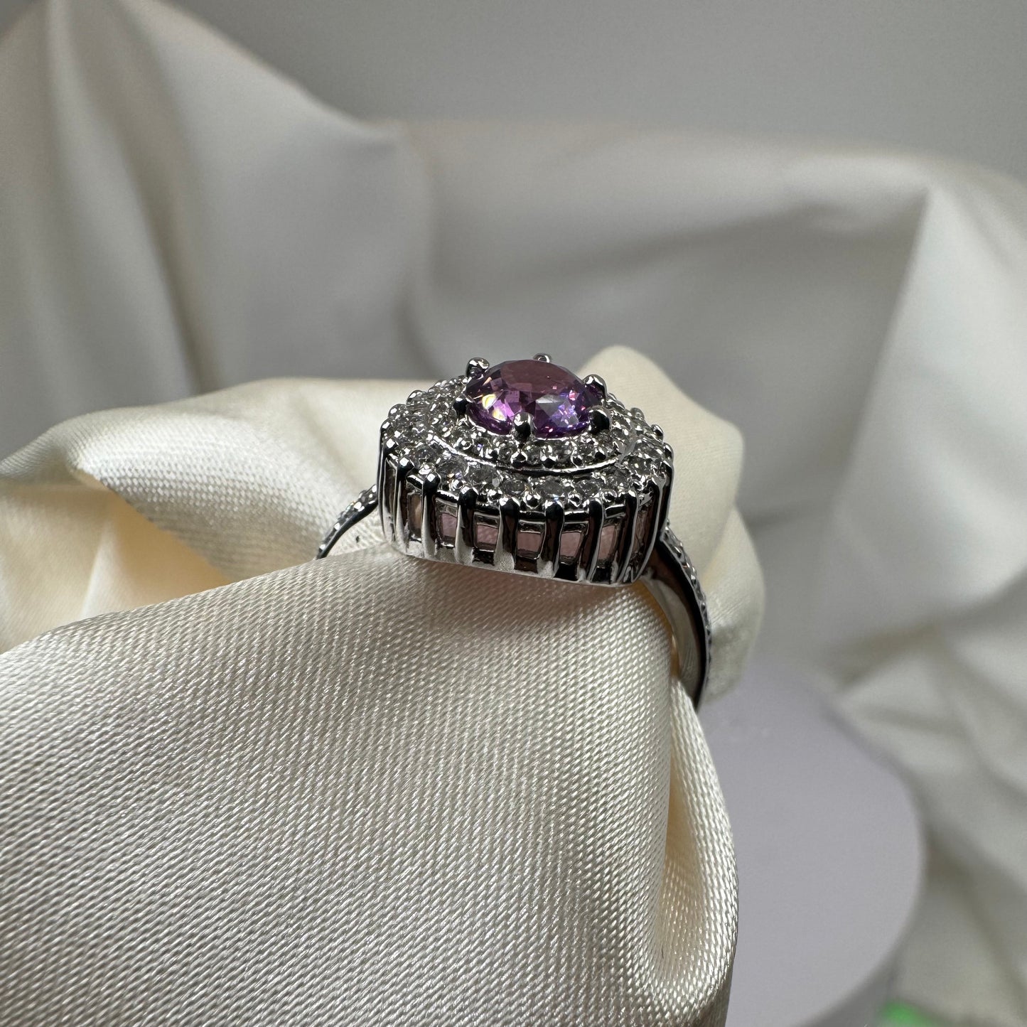 Natural Purple Sapphire & Diamond Halo Ring – White Gold