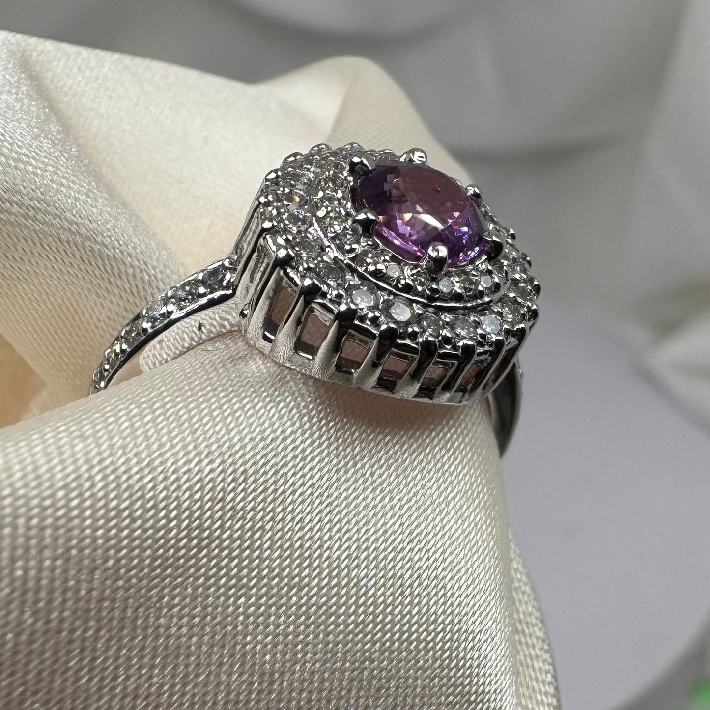 Natural Purple Sapphire & Diamond Halo Ring – White Gold