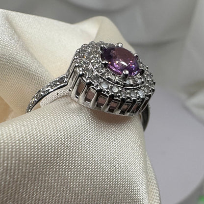 Natural Purple Sapphire & Diamond Halo Ring – White Gold