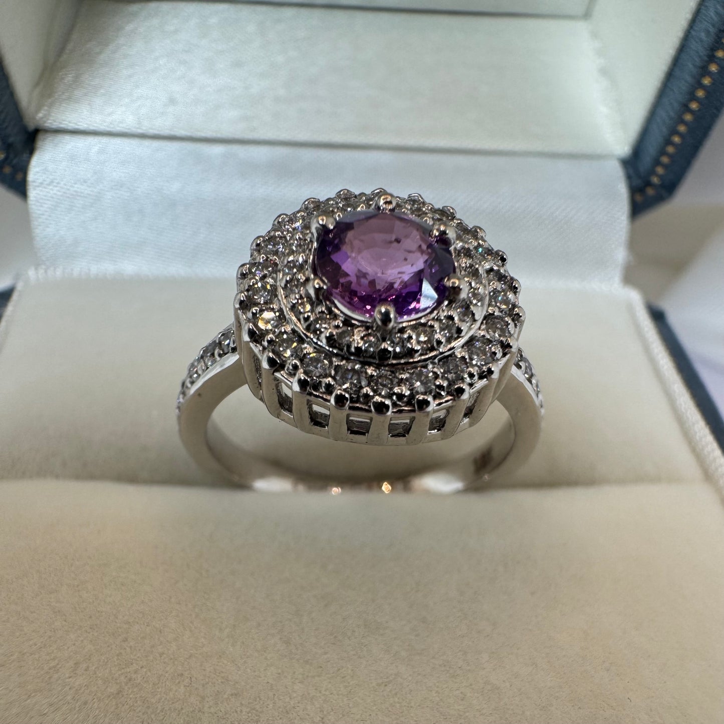 Natural Purple Sapphire & Diamond Halo Ring – White Gold