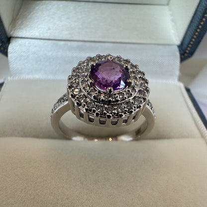 Natural Purple Sapphire & Diamond Halo Ring – White Gold
