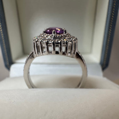 Natural Purple Sapphire & Diamond Halo Ring – White Gold