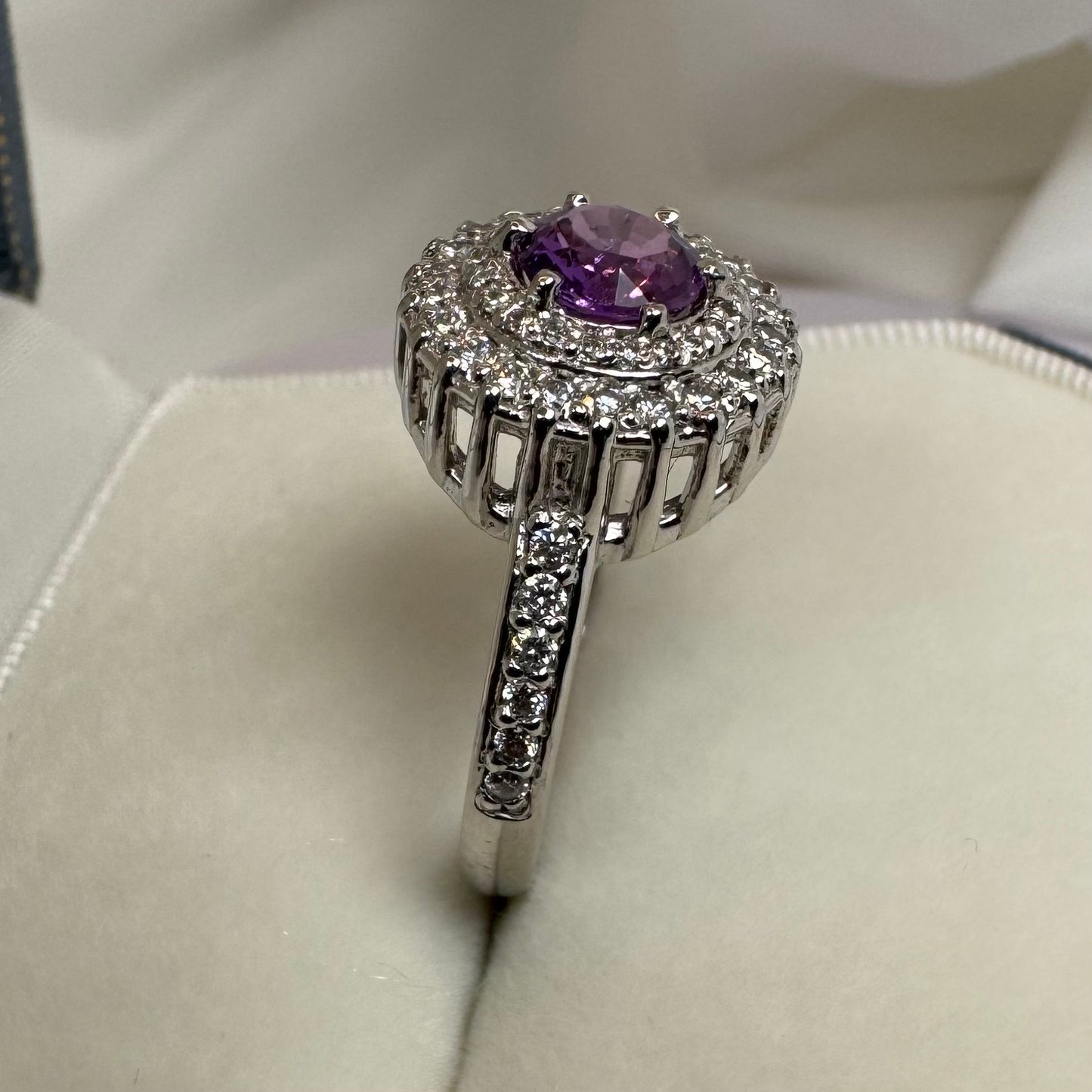 Natural Purple Sapphire & Diamond Halo Ring – White Gold