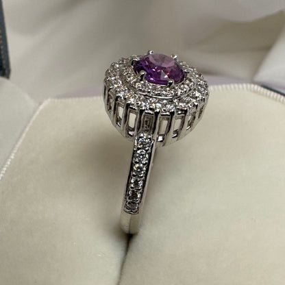 Natural Purple Sapphire & Diamond Halo Ring – White Gold