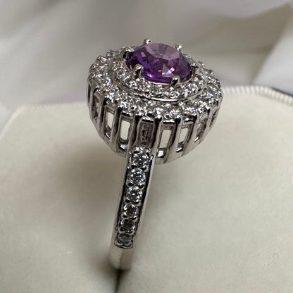Natural Purple Sapphire & Diamond Halo Ring – White Gold