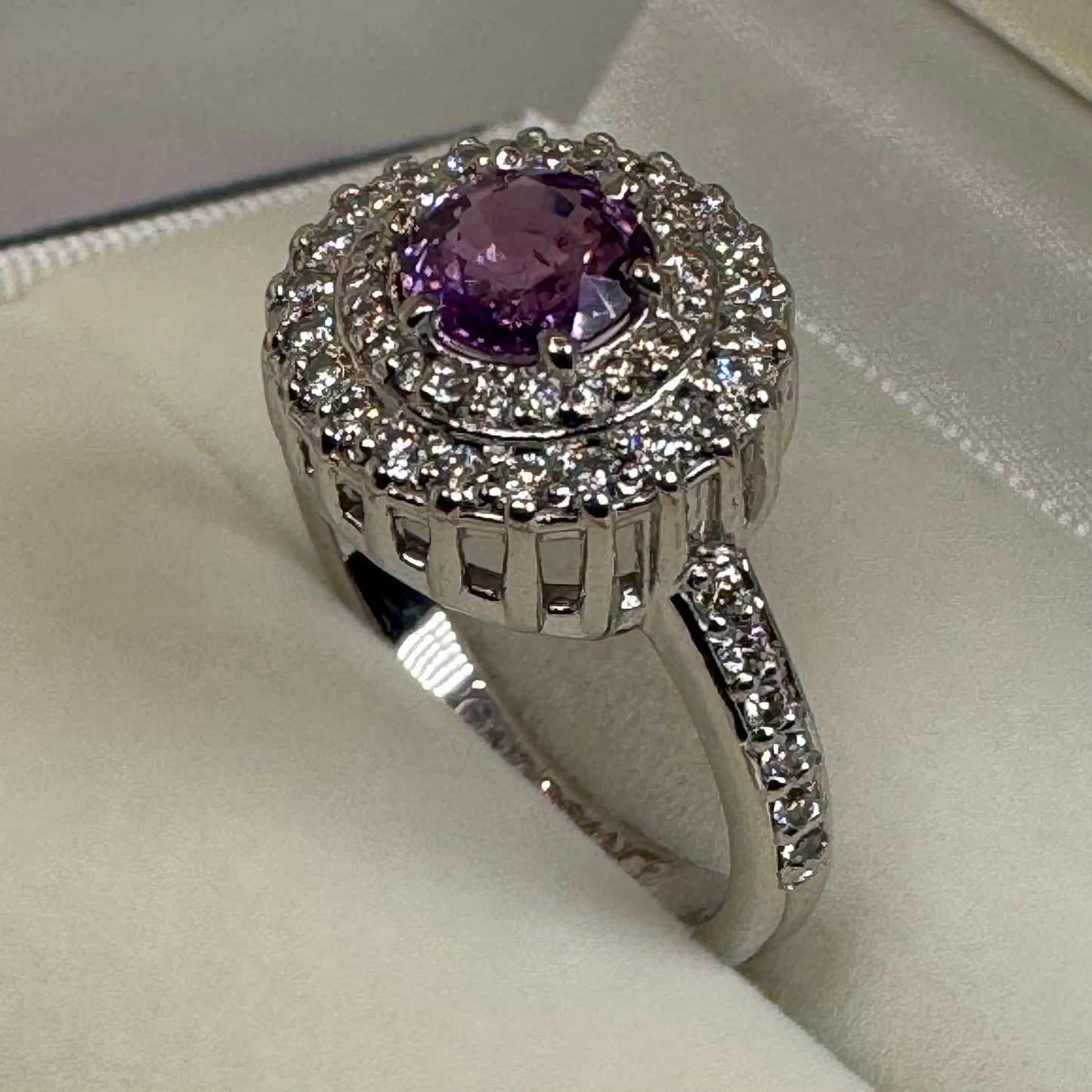 Natural Purple Sapphire & Diamond Halo Ring – White Gold