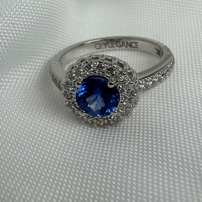 Natural Blue Sapphire Ring with Diamond Halo – 18K White Gold