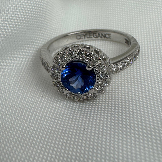 Natural Blue Sapphire Ring with Diamond Halo – 18K White Gold