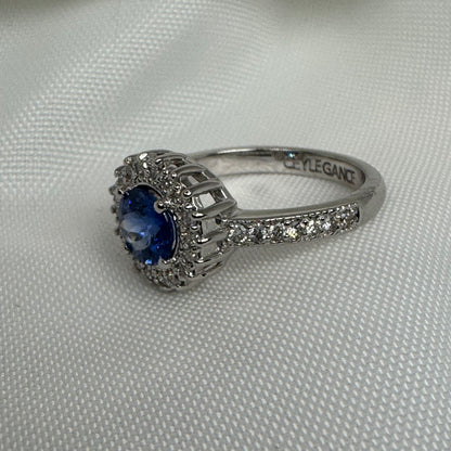 Natural Blue Sapphire Ring with Diamond Halo – 18K White Gold