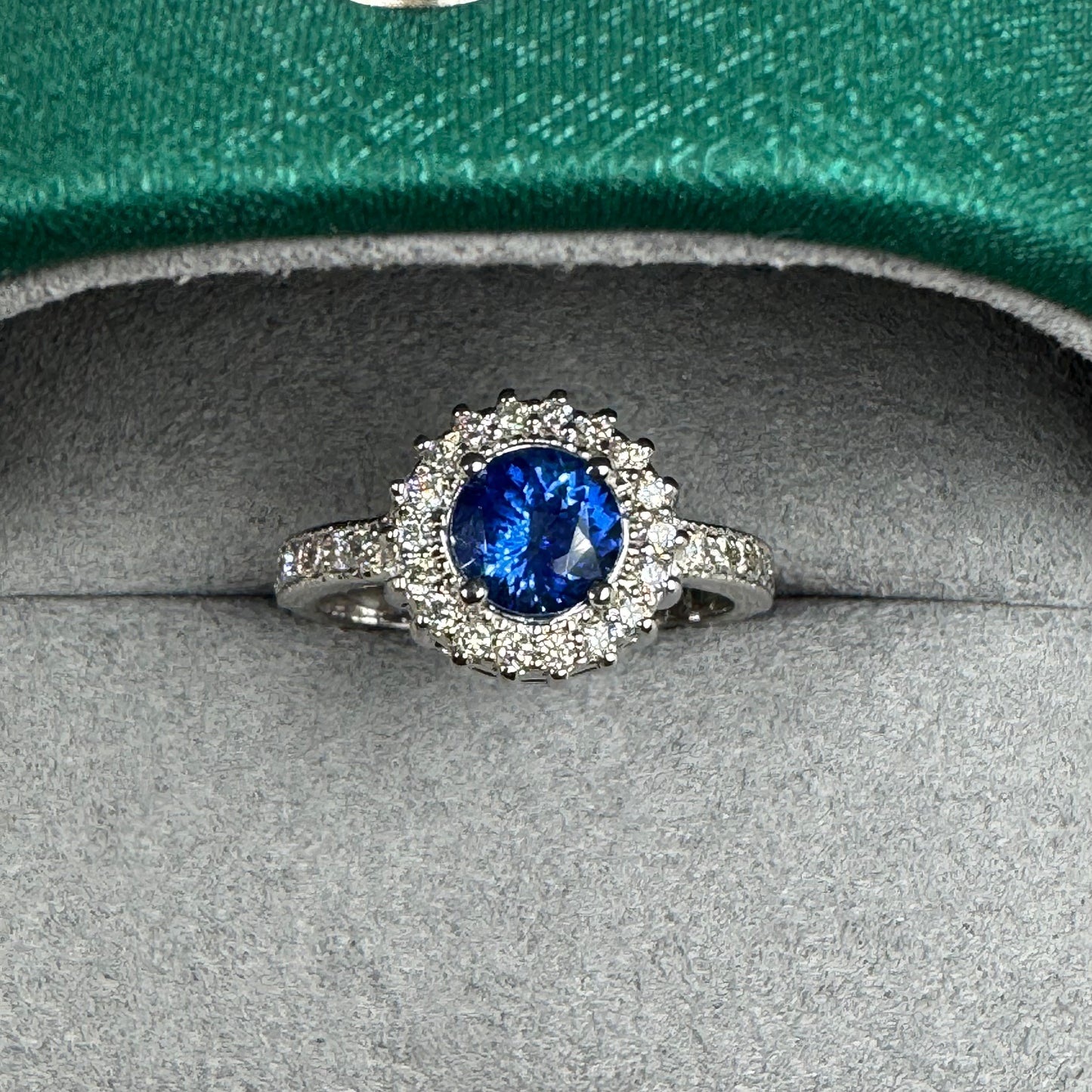 Natural Blue Sapphire Ring with Diamond Halo – 18K White Gold