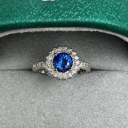 Natural Blue Sapphire Ring with Diamond Halo – 18K White Gold