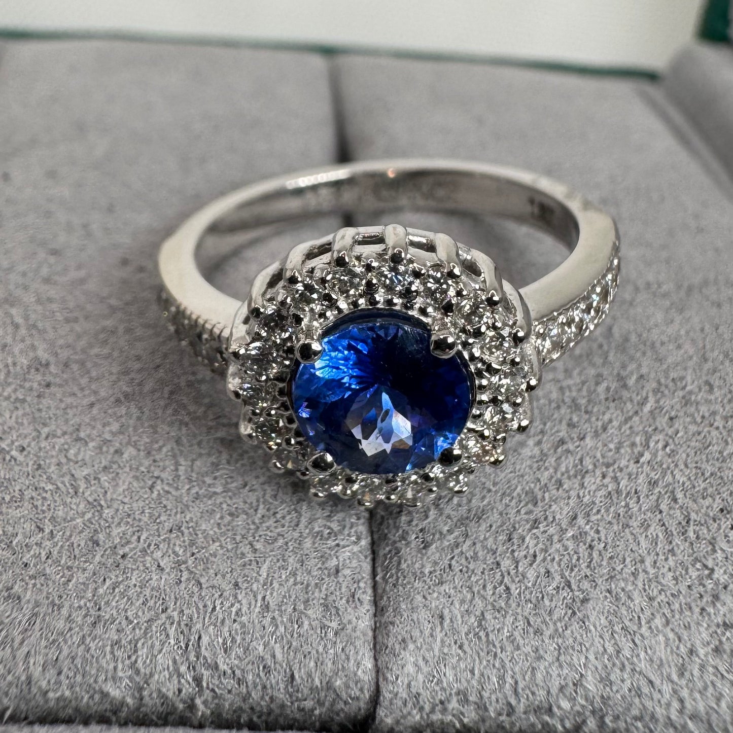 Natural Blue Sapphire Ring with Diamond Halo – 18K White Gold