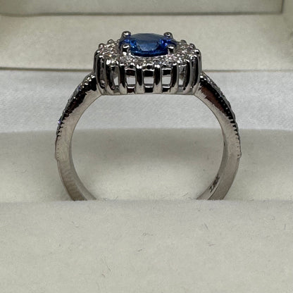Natural Blue Sapphire Ring with Diamond Halo – 18K White Gold