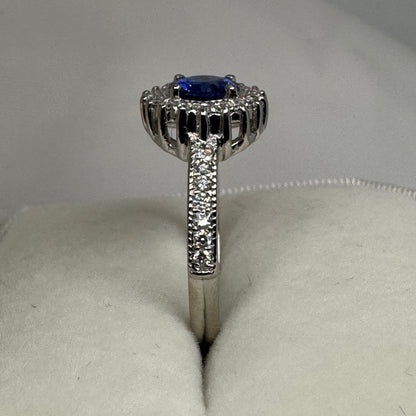 Natural Blue Sapphire Ring with Diamond Halo – 18K White Gold