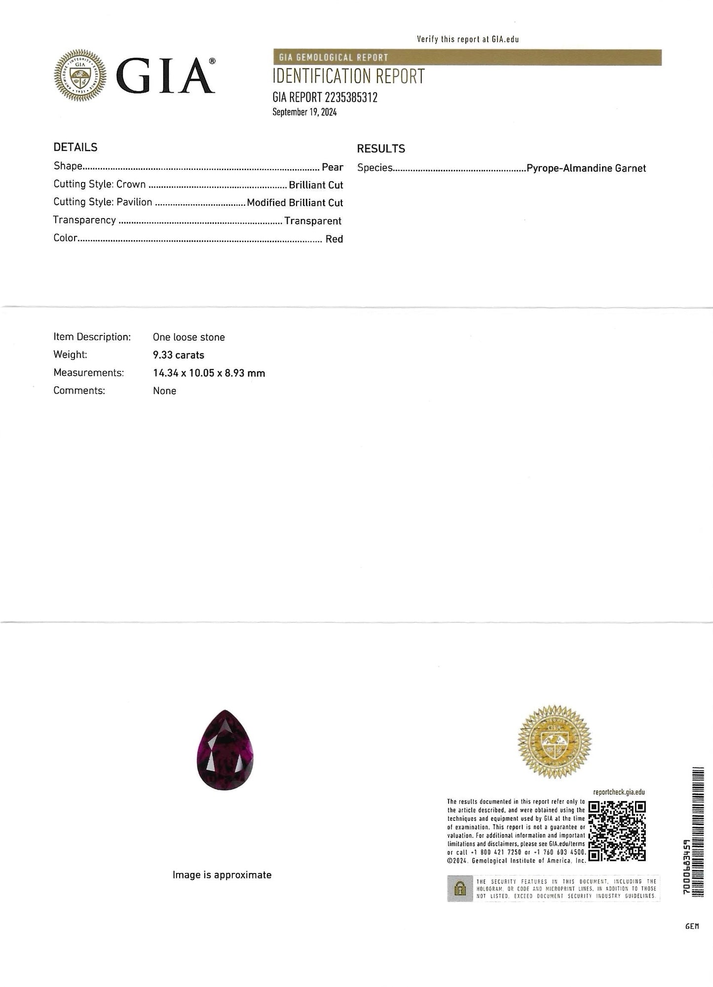 GIA Certified | Natural Pyrope-Almandine Garnet | Red | Pear Cut | 9.33 ct
