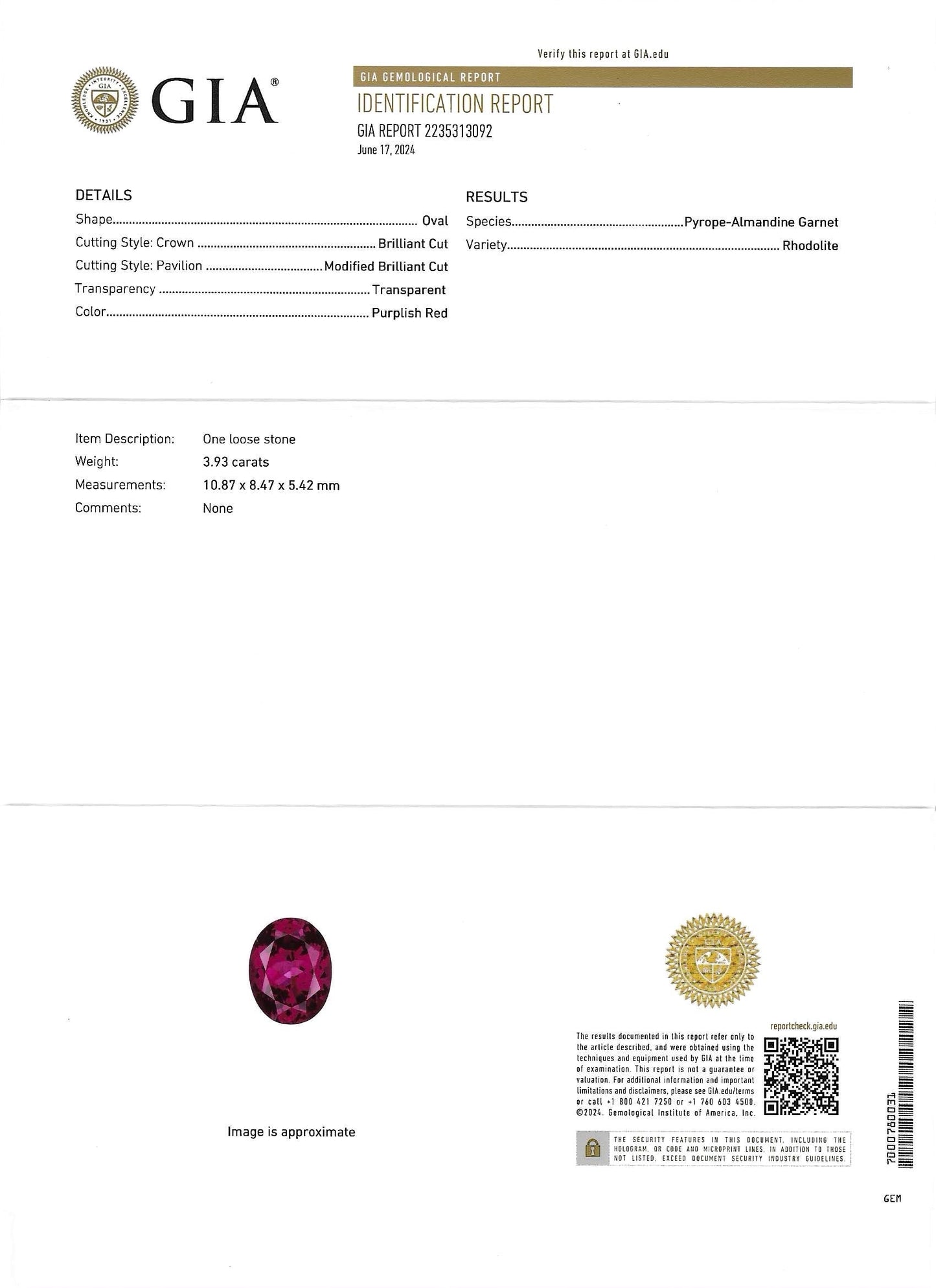 GIA Certified Natural Rhodolite Garnet Purplish Red Modified Brilliant Cut