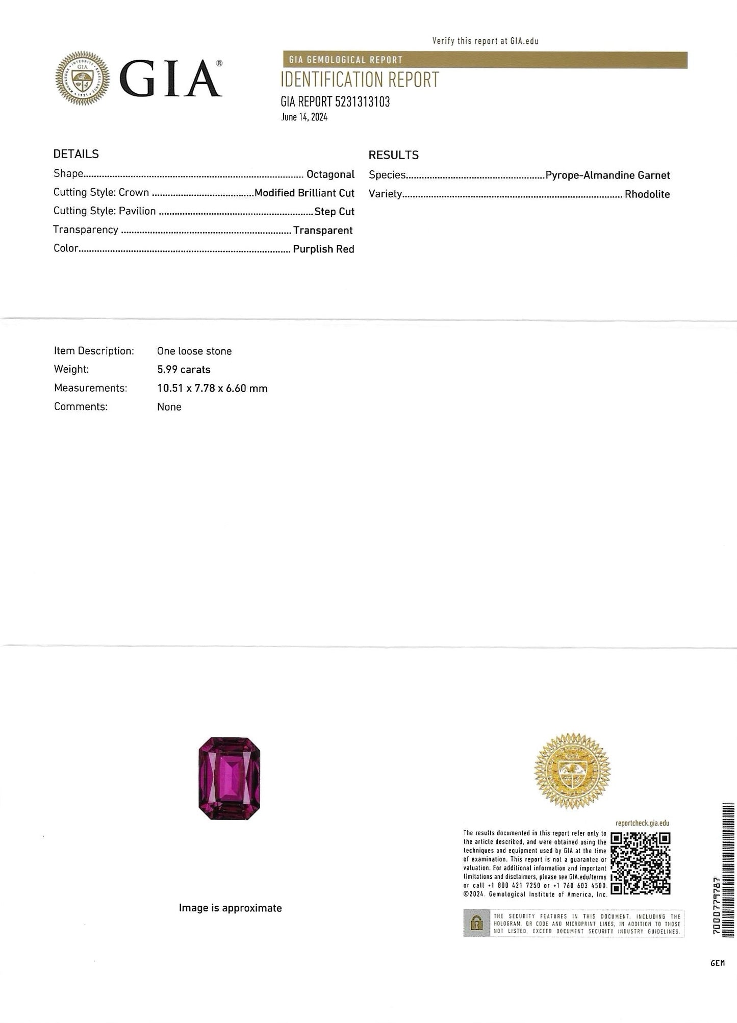 Natural Rhodolite Garnet 5.99ct Purplish Red Octagonal-Radiant cut
