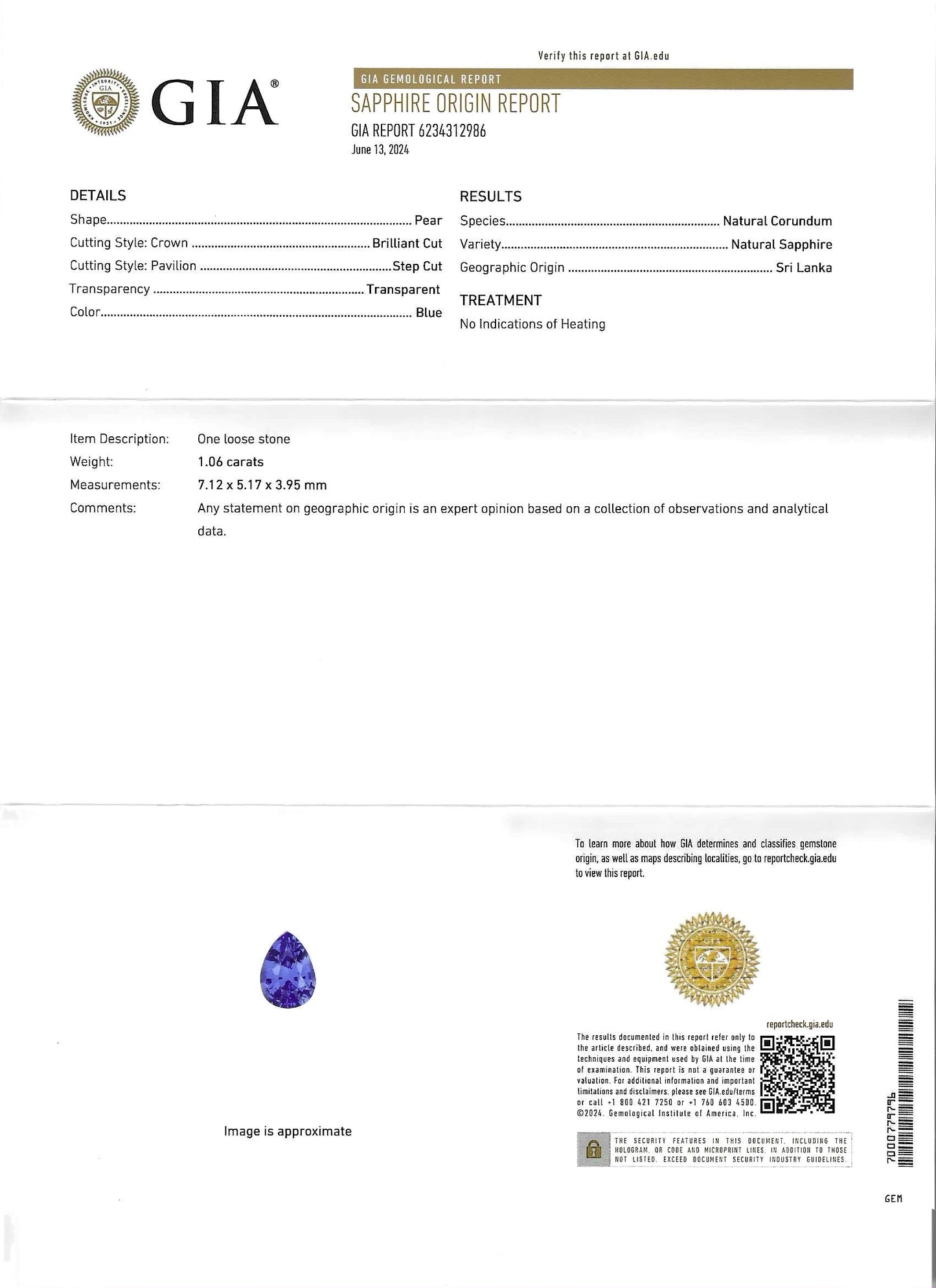 GIA Certified Natural Blue Sapphire 1.06ct Pear Cut