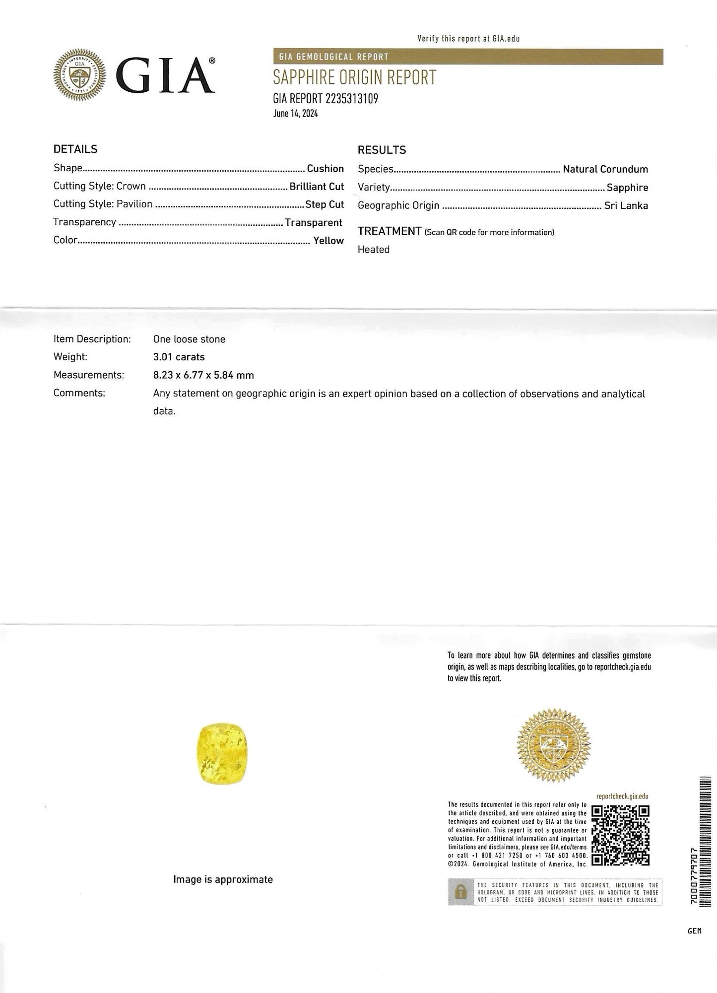 GIA Certified Natural Yellow Sapphire 3.01ct Cushion Mixed Cut