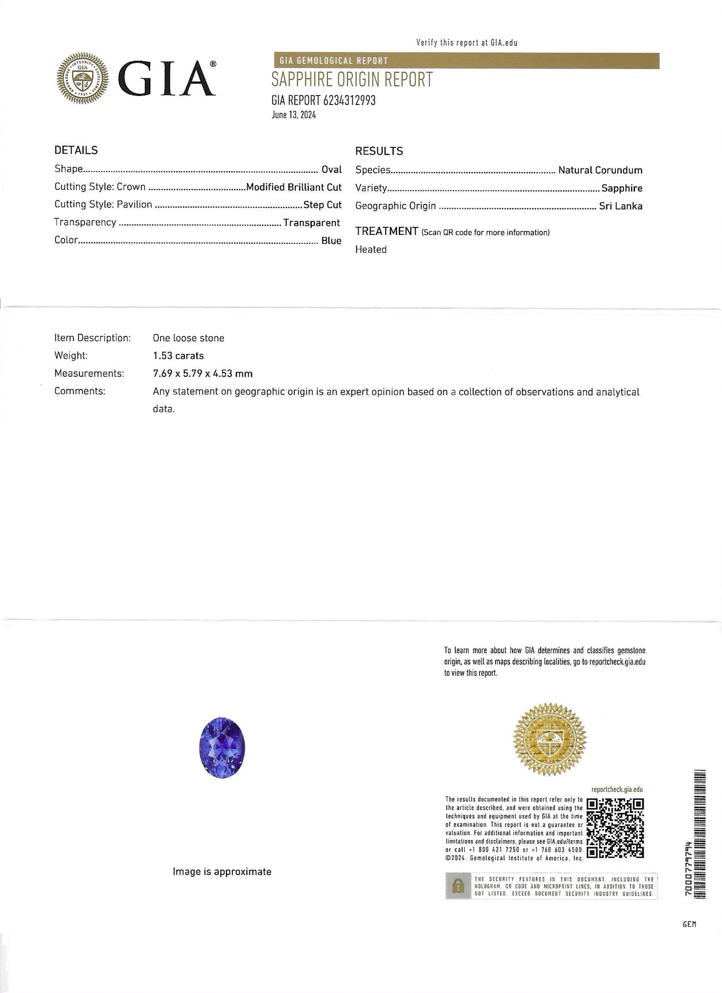 GIA Certified Natural Blue Sapphire - 1.53ct - Oval Mixed Cut