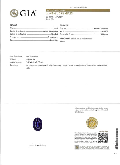 GIA Certified Natural Blue Sapphire - 3.06ct -Oval Mixed Cut