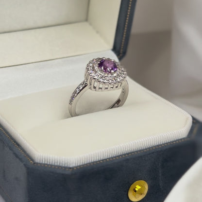 Natural Purple Sapphire & Diamond Halo Ring – White Gold