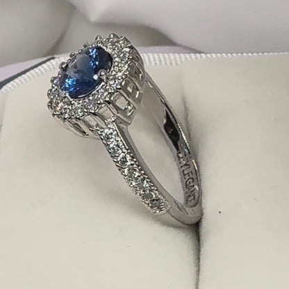 Natural Blue Sapphire Ring with Diamond Halo – 18K White Gold